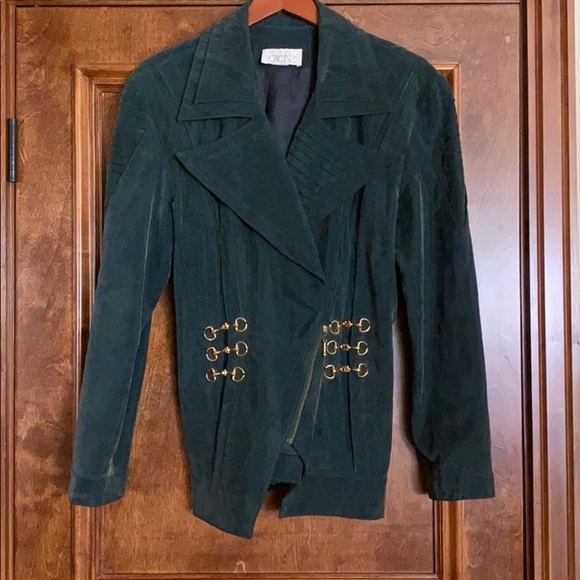 Cache Jackets & Blazers - Green suede puffy shoulder gold buckle jacket M
